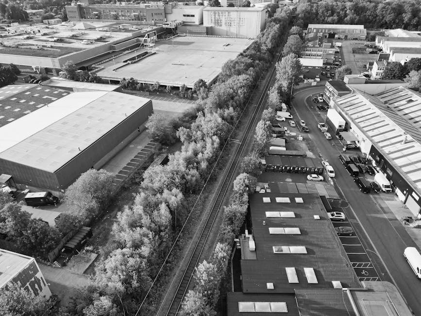 An aerial black-and-white photograph shows a long line of densely packed trees running parallel to railway tracks that extend from the bottom center towards the top right of the image, separating an industrial and commercial area. To the right of the trees, there is a street with parked vehicles including vans and cars, alongside buildings with flat roofs and large windows, some of which appear to be warehouses or shops associated with removals and moving services. The left side of the railway tracks features industrial warehouses with flat roofs, loading areas, and minimal external activity. The environment is well-lit, implying daytime, and the scene captures the logistics involved in home relocation or furniture transport, aligning with services provided by Removal Companies Watford, specialist in removals and moving logistics.